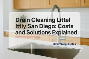 Image featuring clean, bold typography over a bright kitchen scene, representing plumbing tips from 3PlumbingQuotes.