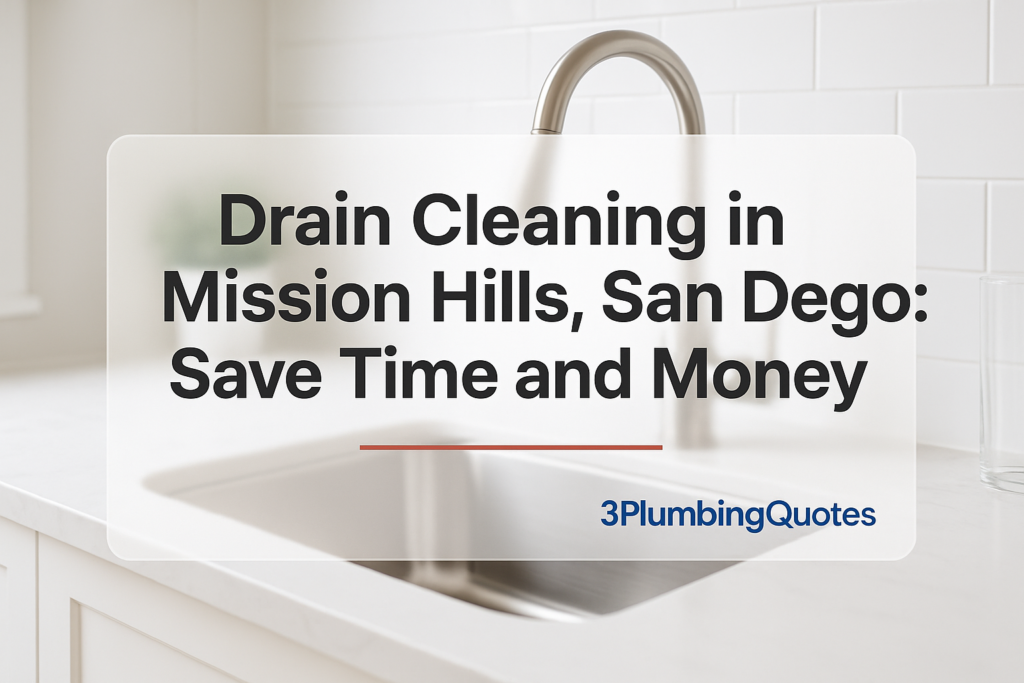 Bold text overlay for plumbing blog title with 3PlumbingQuotes branding in a kitchen photo.