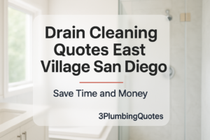 CLEAN TYPOGRAPHY DESIGN featuring plumbing blog title in a bright modern bathroom, designed for 3PlumbingQuotes.