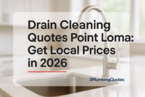 Bold typography design featuring plumbing tips for homeowners by 3PlumbingQuotes over a bright kitchen background.
