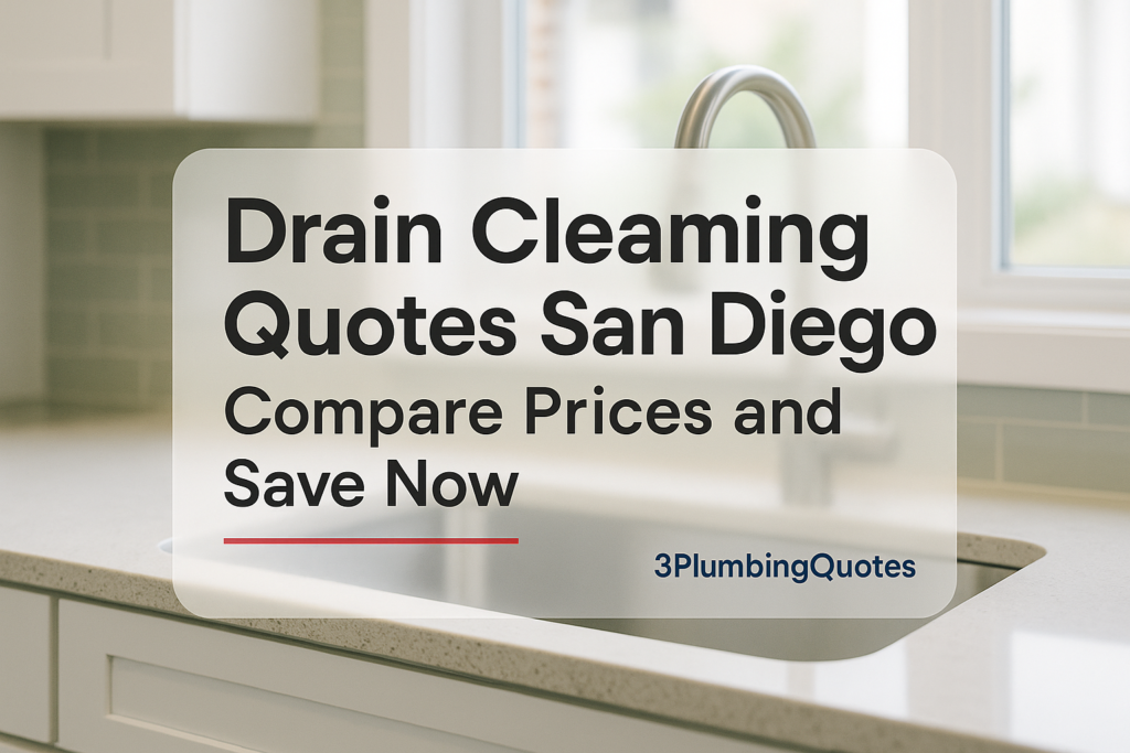 Bold text title design about finding a reliable plumber. Background is a kitchen scene by 3PlumbingQuotes.
