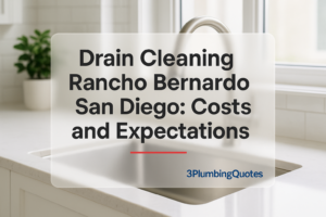 Clean typography design with the title 'How to Find the Right Plumber for Your Home' by 3PlumbingQuotes. Modern kitchen background.