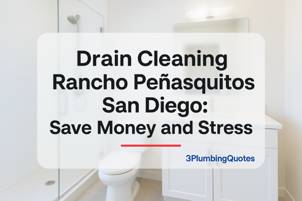Bold text design for plumbing blog title over a bright modern bathroom background, showcasing 3PlumbingQuotes.