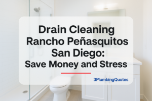 Bold text design for plumbing blog title over a bright modern bathroom background, showcasing 3PlumbingQuotes.