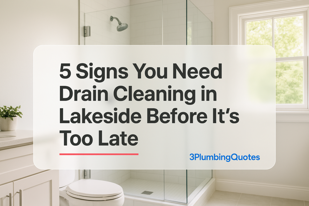 Bold typography design over a clean bathroom image, illustrating plumbing services. 3PlumbingQuotes.