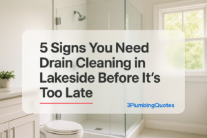 Bold typography design over a clean bathroom image, illustrating plumbing services. 3PlumbingQuotes.