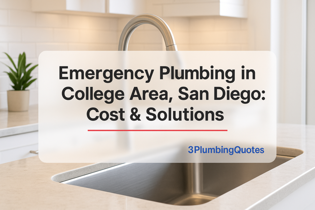 Bold typography design showcasing Plumbing Maintenance for Homeowners over a professional kitchen background. 3PlumbingQuotes.