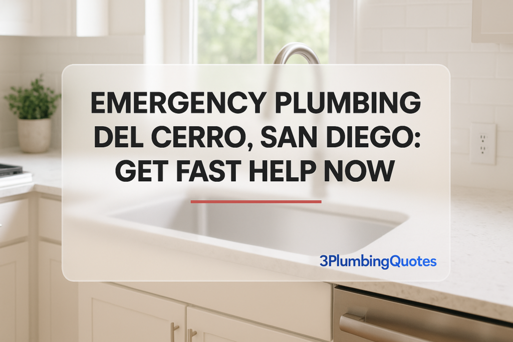 BOLD text over a bright kitchen background, highlighting plumbing services. Designed by 3PlumbingQuotes.