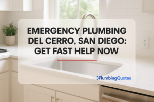 BOLD text over a bright kitchen background, highlighting plumbing services. Designed by 3PlumbingQuotes.