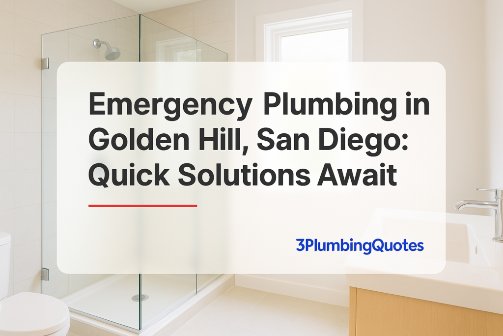 Bold text design with plumbing tips title over a bright, modern bathroom background. 3PlumbingQuotes.
