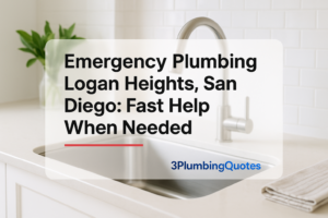 Featured blog image with bold text overlay about plumbing services by 3PlumbingQuotes in a kitchen setting.