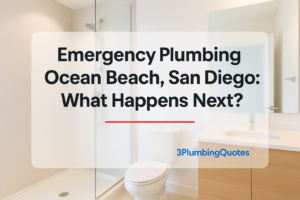 Bold, modern typography design with title on bright bathroom background, showcasing 3PlumbingQuotes.