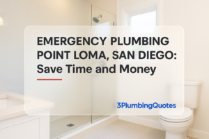 Bold text overlay design showcasing plumbing quotes service in a modern bathroom. 3PlumbingQuotes.