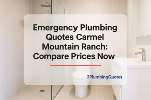 Bold typography design featuring a blog title about plumbing services from 3PlumbingQuotes over a bright bathroom background.