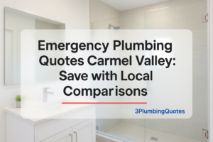 Clean typography design showcasing blog title about plumbing services from 3PlumbingQuotes in a modern bathroom setting.