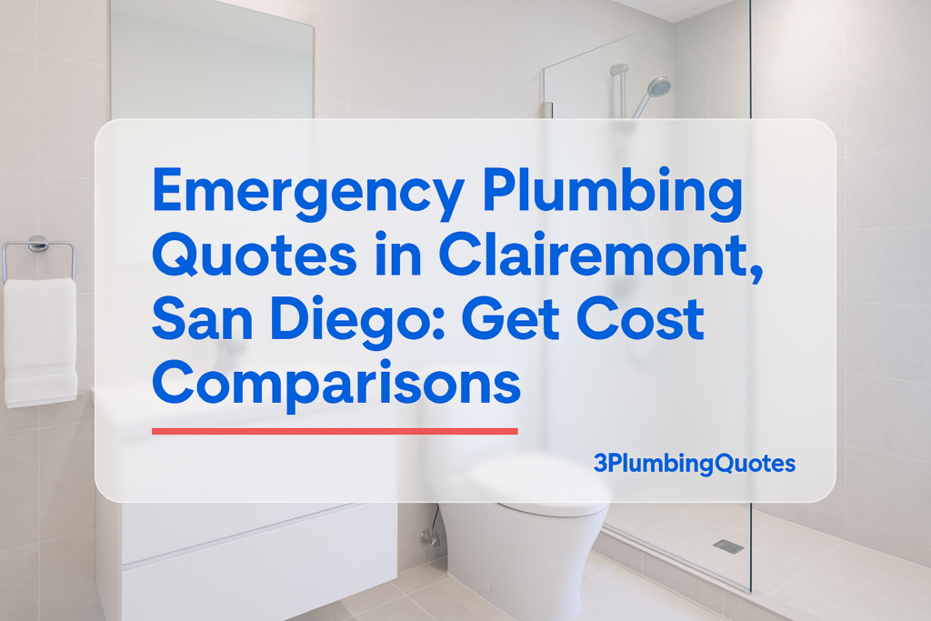 Bold typography design over a clean modern bathroom photo, highlighting plumbing maintenance tips by 3PlumbingQuotes.