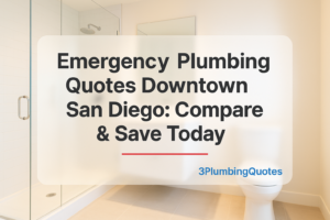 Bold text says 'Top 5 Plumbing Maintenance Tips for Homeowners' over a bright bathroom photo. 3PlumbingQuotes.