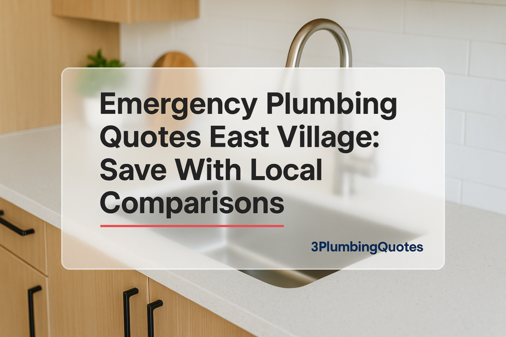 A bold title design over a photo of a bright kitchen faucet, promoting plumbing services by 3PlumbingQuotes.