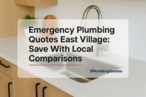 A bold title design over a photo of a bright kitchen faucet, promoting plumbing services by 3PlumbingQuotes.