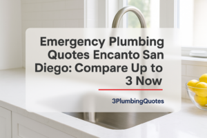 Bold typography design for plumbing tips blog post over a bright kitchen background. 3PlumbingQuotes.