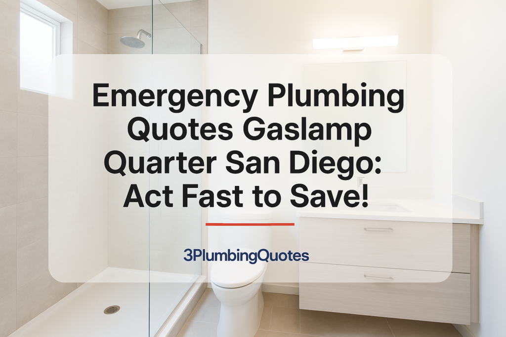 Bold typography design over a bright bathroom background highlighting plumbing tips. Featuring 3PlumbingQuotes.