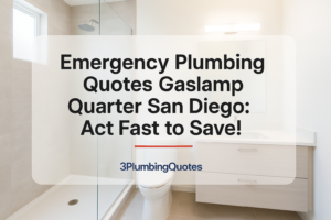 Bold typography design over a bright bathroom background highlighting plumbing tips. Featuring 3PlumbingQuotes.