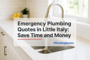 Bold text reads 'Essential Plumbing Maintenance Tips for Homeowners'. Clean design by 3PlumbingQuotes with modern kitchen background.
