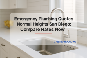 A clean, bold typography design over a kitchen photo featuring plumbing maintenance tips. 3PlumbingQuotes.