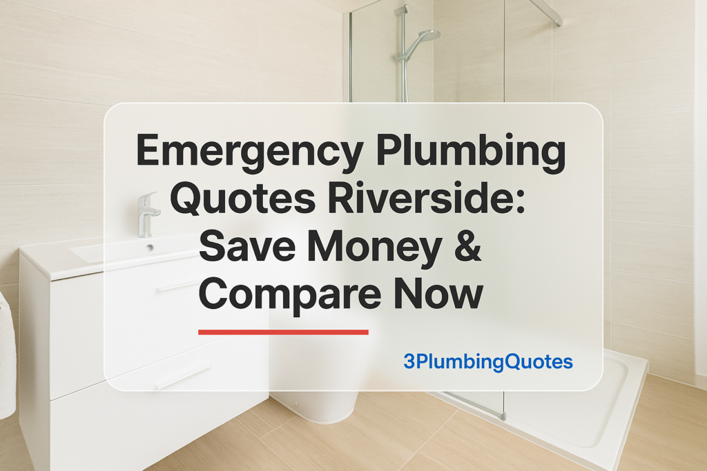 Bold title design over a bright kitchen scene, promoting plumbing services by 3PlumbingQuotes.