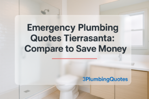 Bold text design overlaying a bright bathroom photo, featuring '3PlumbingQuotes' for accessibility.