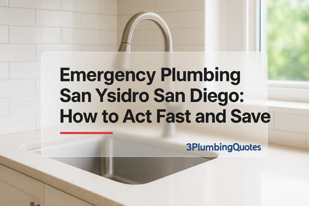 Bold title text overlays a bright kitchen photo, showcasing plumbing services from 3PlumbingQuotes.