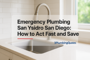 Bold title text overlays a bright kitchen photo, showcasing plumbing services from 3PlumbingQuotes.