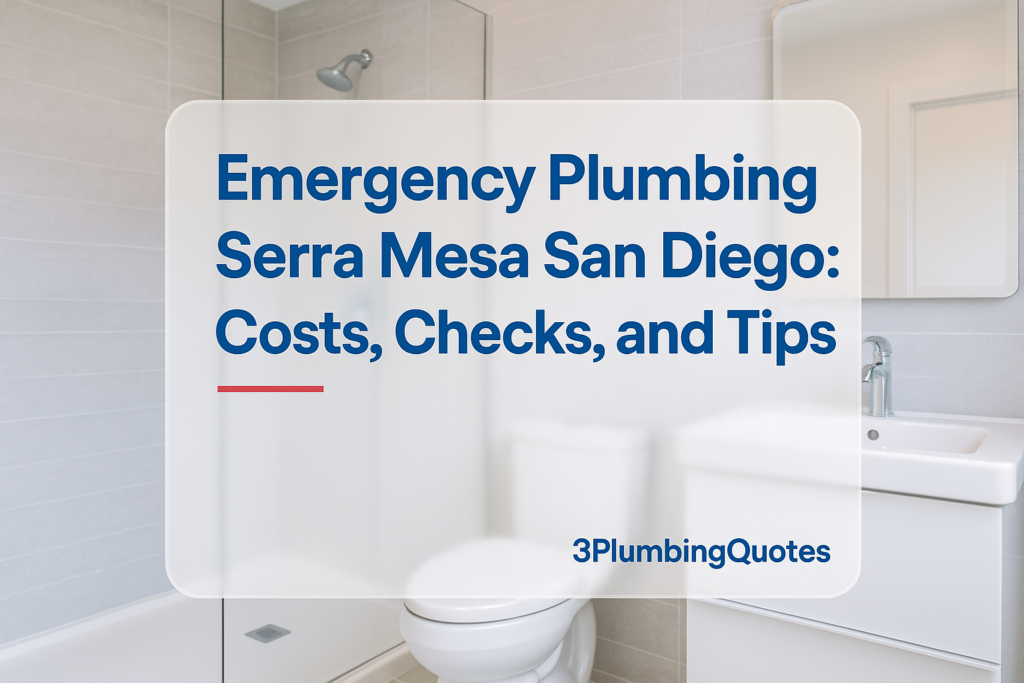 Bold text 'Essential Plumbing Maintenance Tips for Homeowners' on a clean bathroom background. 3PlumbingQuotes