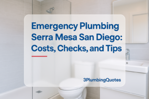 Bold text 'Essential Plumbing Maintenance Tips for Homeowners' on a clean bathroom background. 3PlumbingQuotes