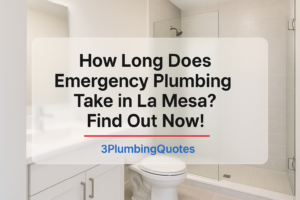Bold text displaying 'The Ultimate Guide to Plumbing Maintenance for Your Home' over a modern bathroom scene. 3PlumbingQuotes.