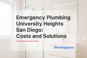 Bold typography design on a bright bathroom image for plumbing repairs. 3PlumbingQuotes