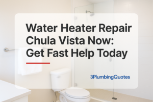 A clean typography design over a bright, modern bathroom photo, featuring '3PlumbingQuotes' for accessibility.