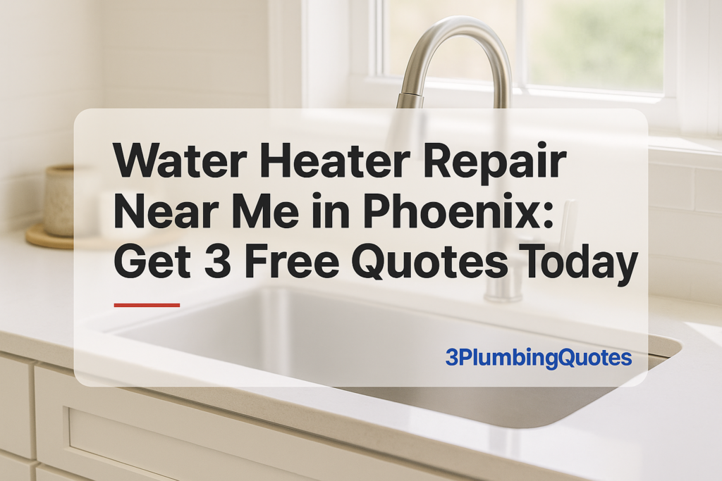 Bold typography design for plumbing guide over a bright kitchen scene, by 3PlumbingQuotes.
