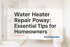 A modern bathroom background with bold text for '3PlumbingQuotes'. Clean design, perfect for plumbing topics.