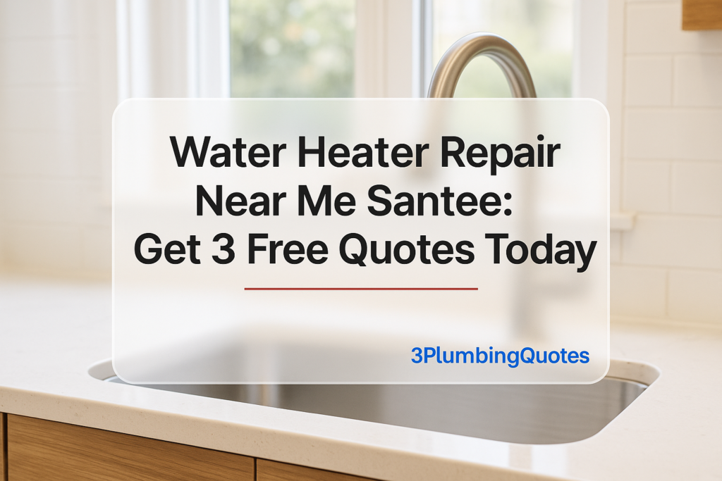 Bold typography over a bright kitchen scene, showcasing plumbing services. 3PlumbingQuotes.