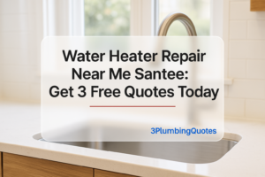 Bold typography over a bright kitchen scene, showcasing plumbing services. 3PlumbingQuotes.