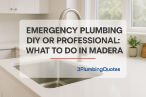Large bold text on a modern kitchen background about plumbing quotes. 3PlumbingQuotes.