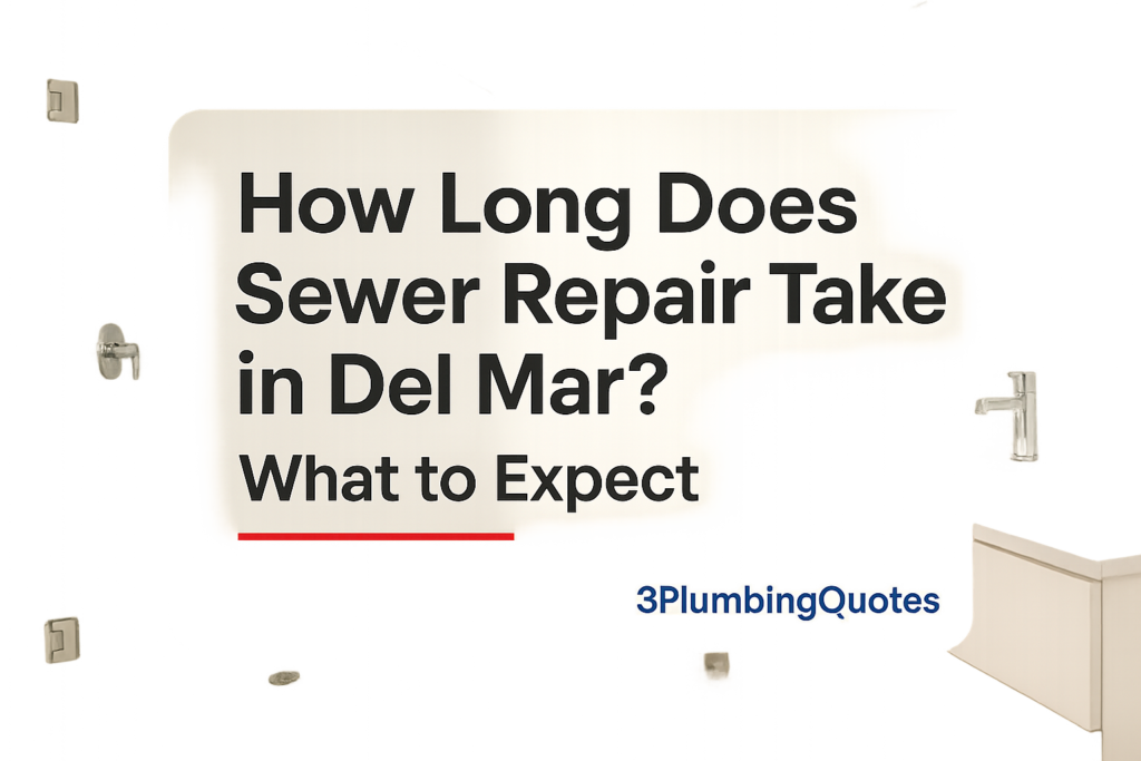 Blog image with bold typography on a bathroom background, featuring plumbing fixtures. 3PlumbingQuotes.