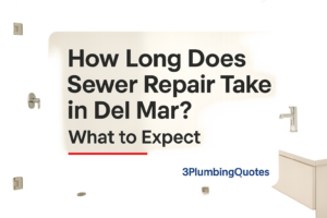 Blog image with bold typography on a bathroom background, featuring plumbing fixtures. 3PlumbingQuotes.