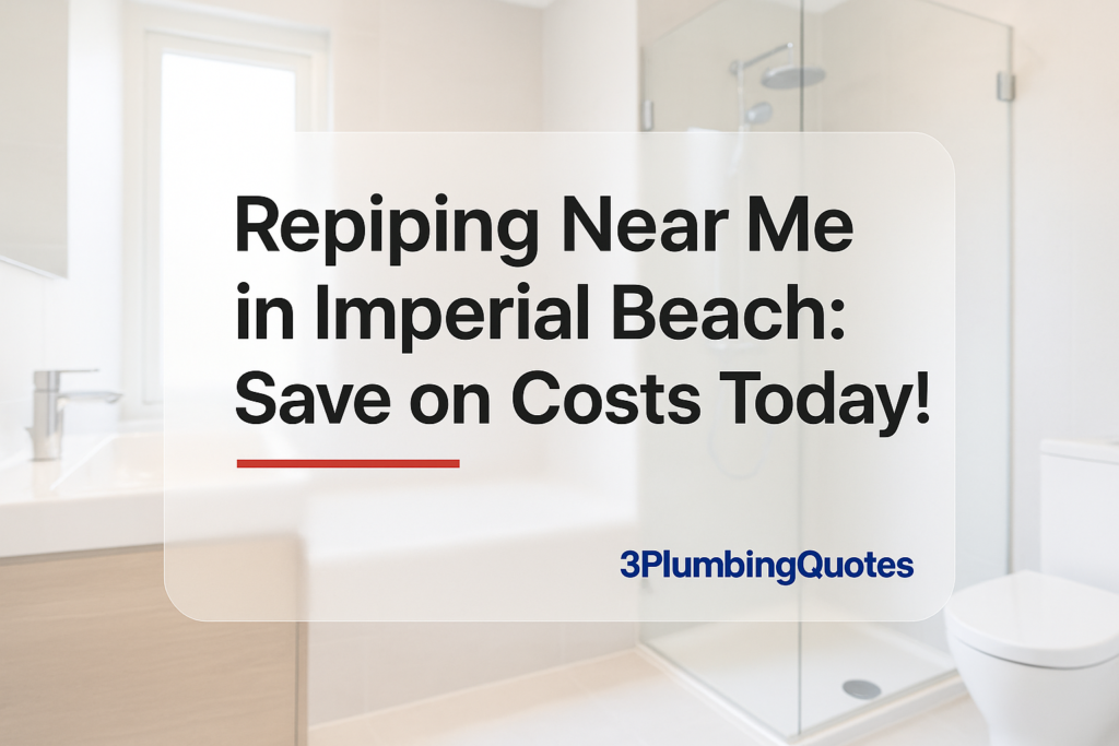 Bold typography design featuring the blog title over a bright bathroom scene. 3PlumbingQuotes.