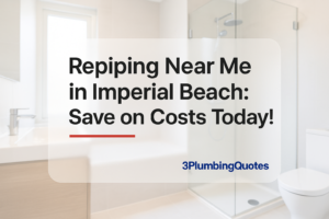 Bold typography design featuring the blog title over a bright bathroom scene. 3PlumbingQuotes.