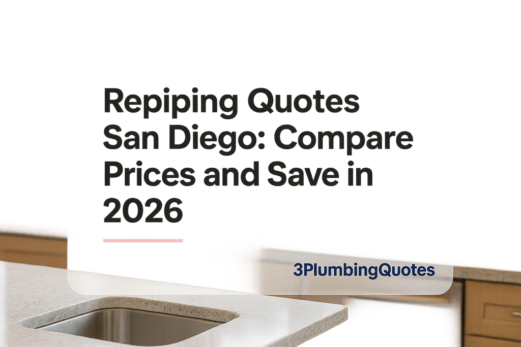 Bold text design displaying 'The Ultimate Guide to Finding the Right Plumber for Your Home Needs' by 3PlumbingQuotes over a kitchen background.