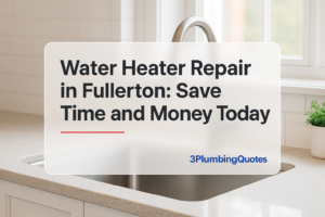 Bold text reads 'Essential Plumbing Tips for Homeowners' over a bright kitchen photo, from 3PlumbingQuotes.