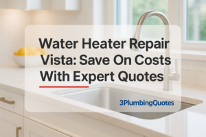 Typography design for 'Top 5 Plumbing Tips Every Homeowner Should Know' over a kitchen background, featuring 3PlumbingQuotes.