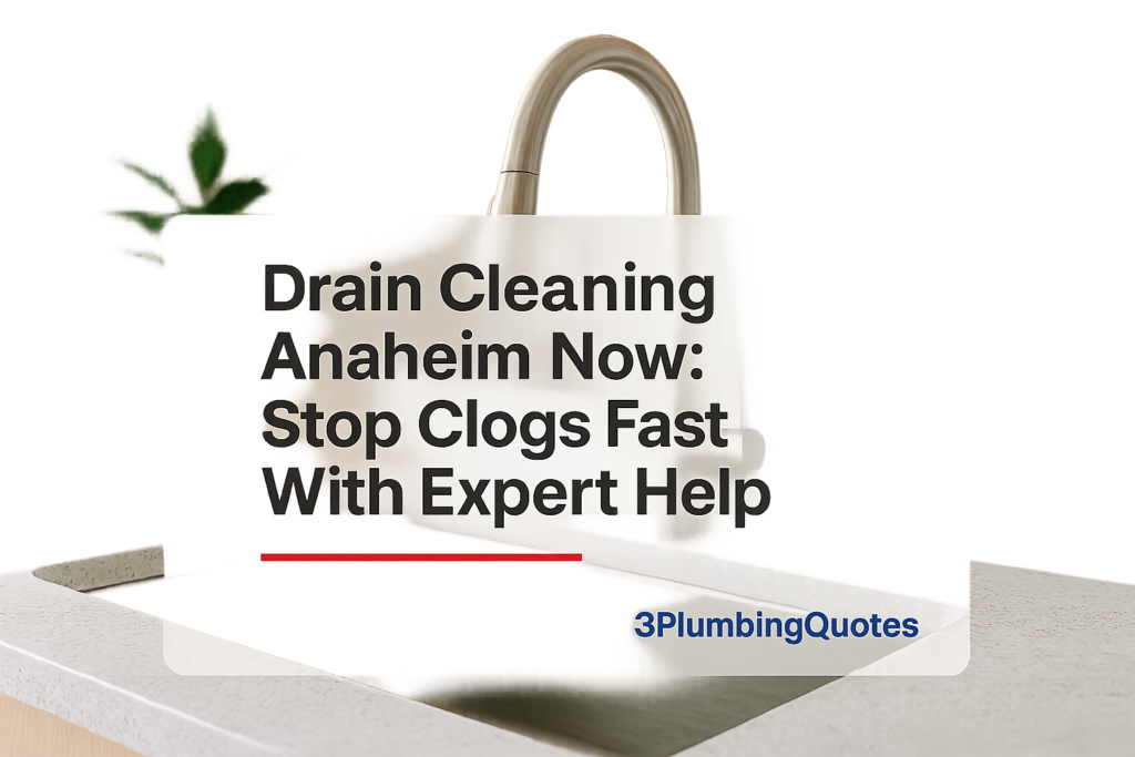 Bold text in clean design over a kitchen background, featuring plumbing keywords. 3PlumbingQuotes.